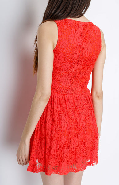 Coral Floral Crochet Skater Dress with Lining