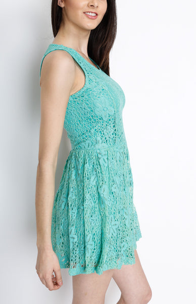 Mint Floral Crochet Skater Dress with Lining