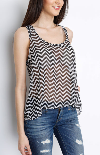 Black and White Chevron Tank Top with Back Slit