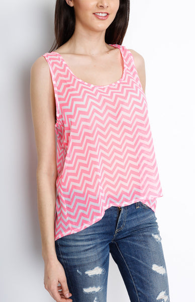 Pink and White Chevron Tank Top with Back Slit