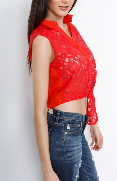 Red Laced Floral Top with Front Tie