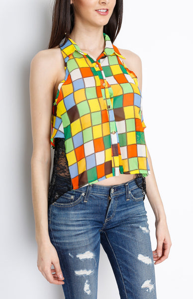 Green Laced Color Block Top with Button Down Detail