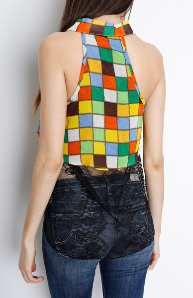 Green Laced Color Block Top with Button Down Detail