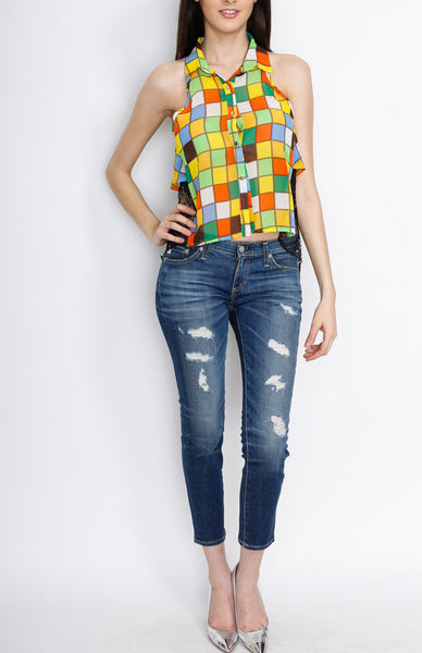 Green Laced Color Block Top with Button Down Detail