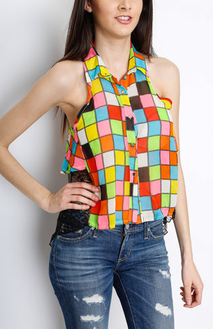 Pink Laced Color Block Top with Button Down Detail