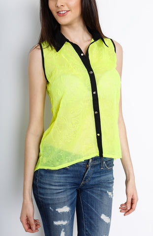 Neon Green Button Down Top with Paisley Detail