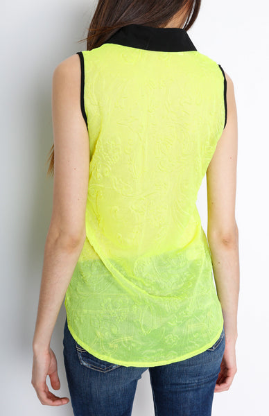 Neon Green Button Down Top with Paisley Detail