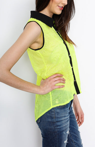 Neon Green Button Down Top with Paisley Detail