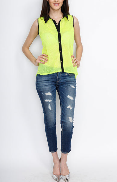 Neon Green Button Down Top with Paisley Detail