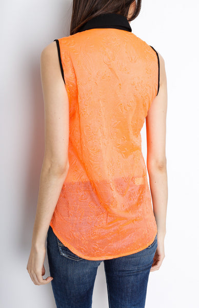 Neon Orange Button Down Top with Paisley Detail