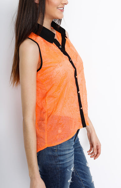 Neon Orange Button Down Top with Paisley Detail