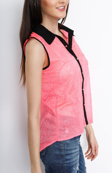 Pink Button Down Top with Paisley Detail