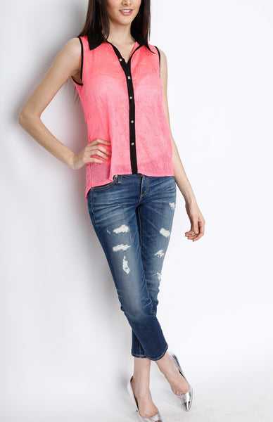 Pink Button Down Top with Paisley Detail