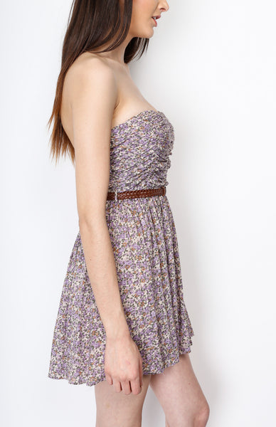 Taupe Floral Open Shoulder Dress with Belt