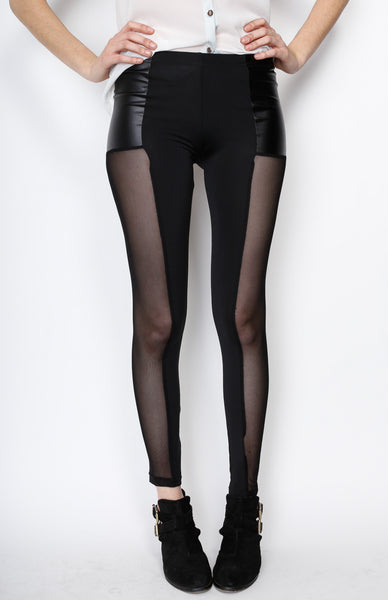 Black Knit Pants with PU Detail