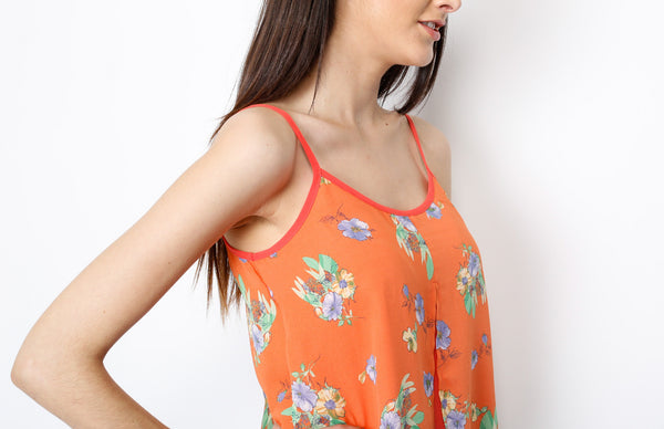 Orange Floral Spaghetti Strap with Front Slit