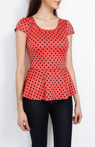 Coral Polka Dot Peplum Top
