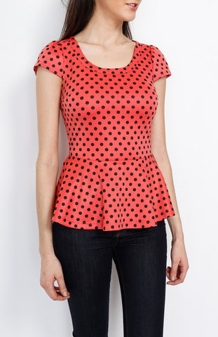 Coral Polka Dot Peplum Top