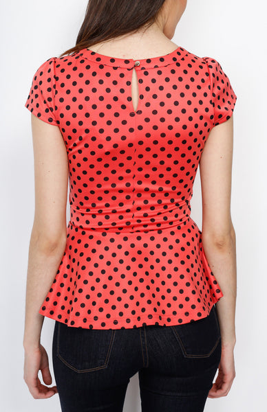 Coral Polka Dot Peplum Top