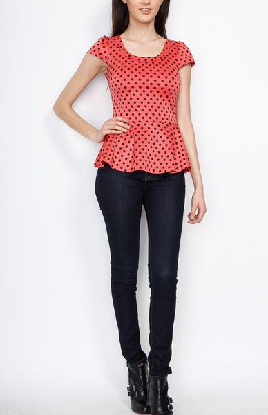 Coral Polka Dot Peplum Top