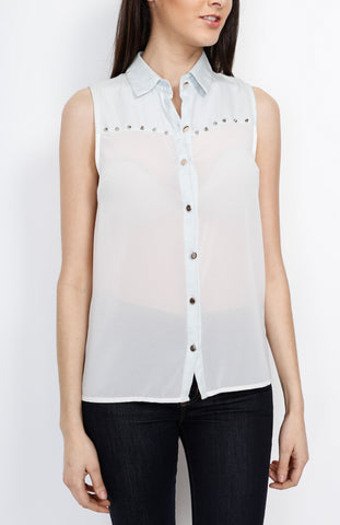 White Sleeveless Studded Button Down Top