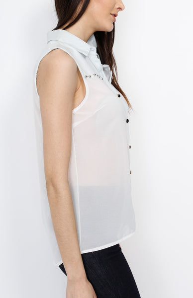 White Sleeveless Studded Button Down Top